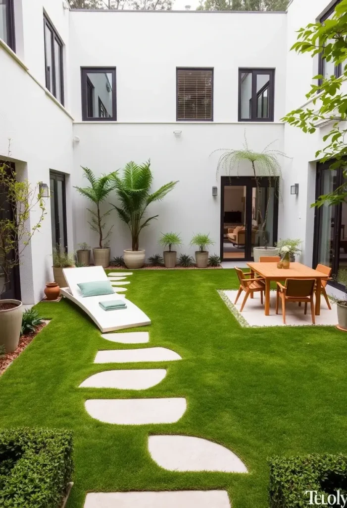 Courtyard garden with organically shaped stepping stones forming a pathway across a lawn, leading to a seating area.