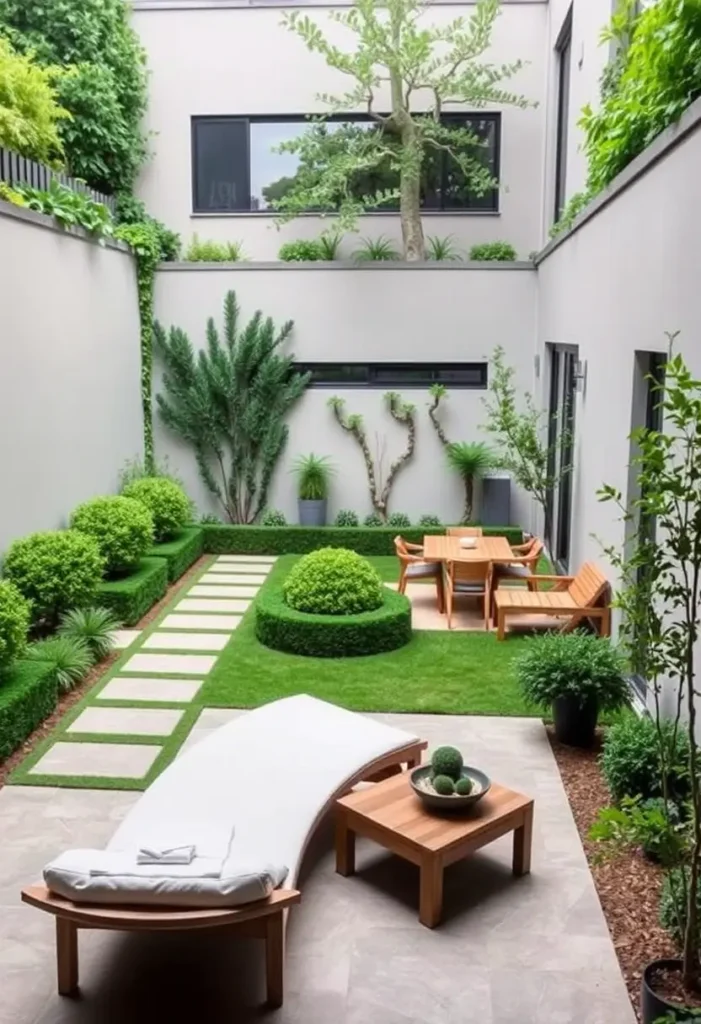 Courtyard garden with a central, circular planting bed featuring a low, rounded hedge, surrounded by a lawn and pathway.