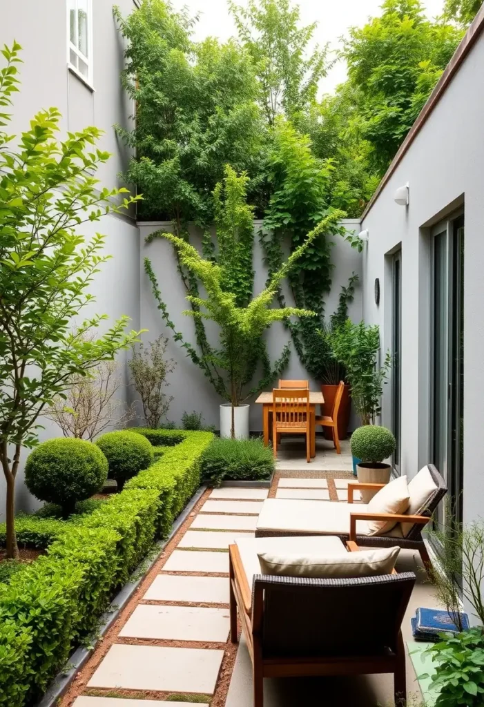 Narrow backyard garden with a long, straight pathway, a low hedge, and taller plants along the walls, creating a sense of depth.