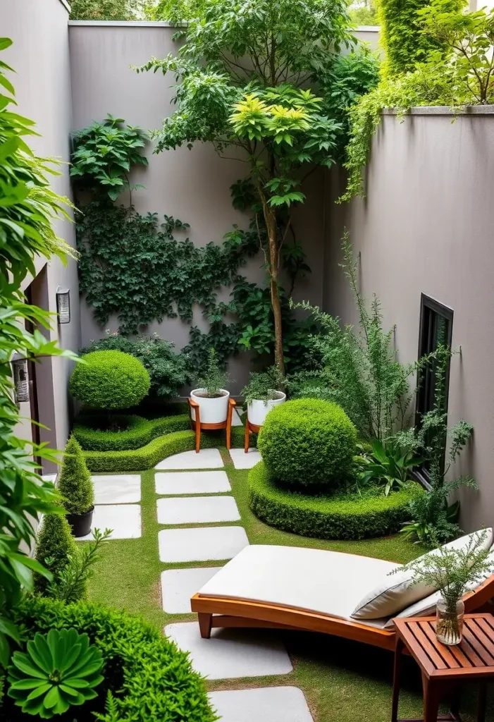 Courtyard garden with a pathway, sculpted hedges, and strategically placed plants, evoking a Japanese-inspired sense of tranquility.