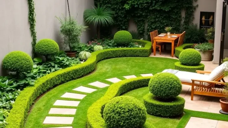 Courtyard garden with sculpted topiary spheres and a curving hedge, creating a dynamic and visually interesting design.