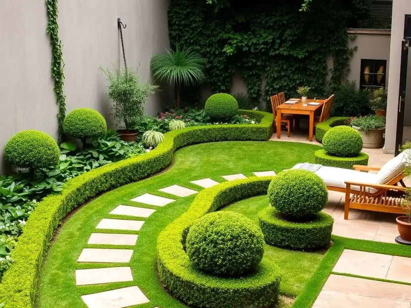 Courtyard garden with sculpted topiary spheres and a curving hedge, creating a dynamic and visually interesting design.