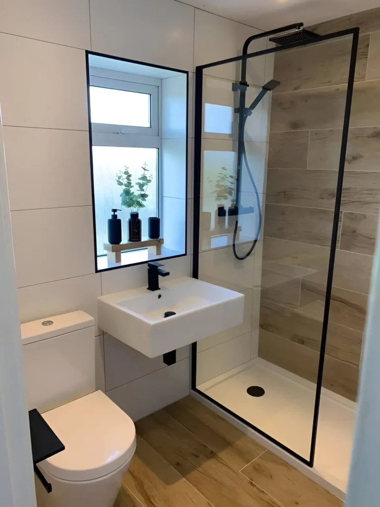 Modern small bathroom with floating white vanity, black faucet, black-framed shower, and wood-look floor tiles.