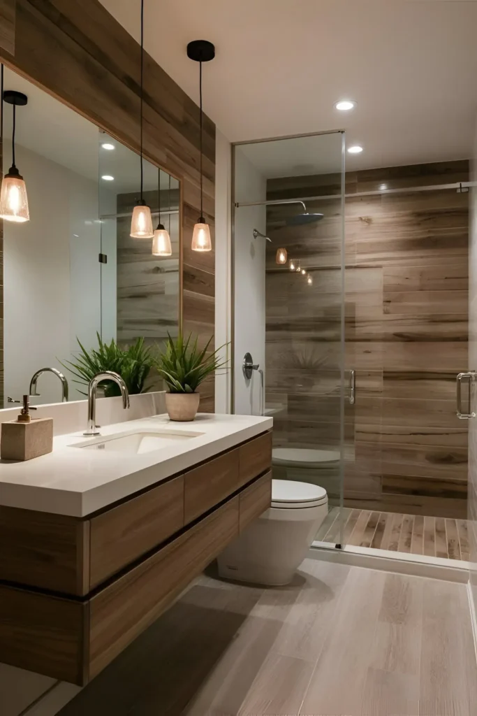 Modern small bathroom with long wooden floating vanity, large mirror, pendant lights, and wood-look shower wall.