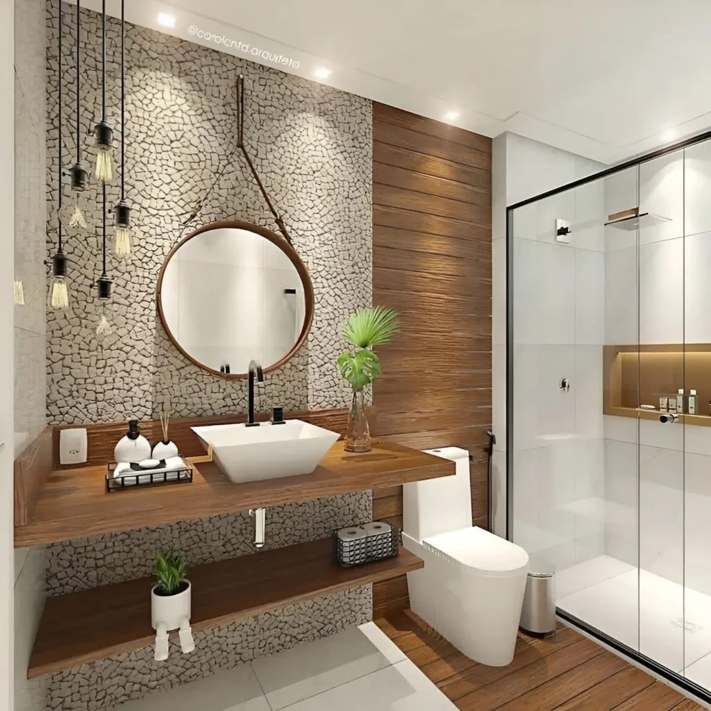 Modern small bathroom with textured stone wall, wooden floating shelf, round mirror, and black faucet.