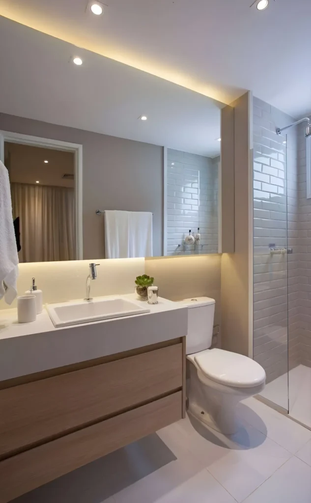 Modern small bathroom with long wooden vanity, large frameless mirror, recessed lighting, and white fixtures.