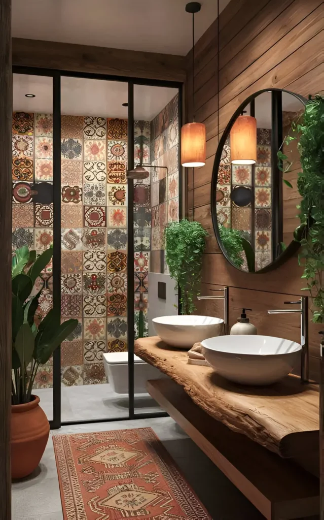 Modern small bathroom with patterned tile shower accent, wooden walls, round mirror, and live-edge wooden vanity.