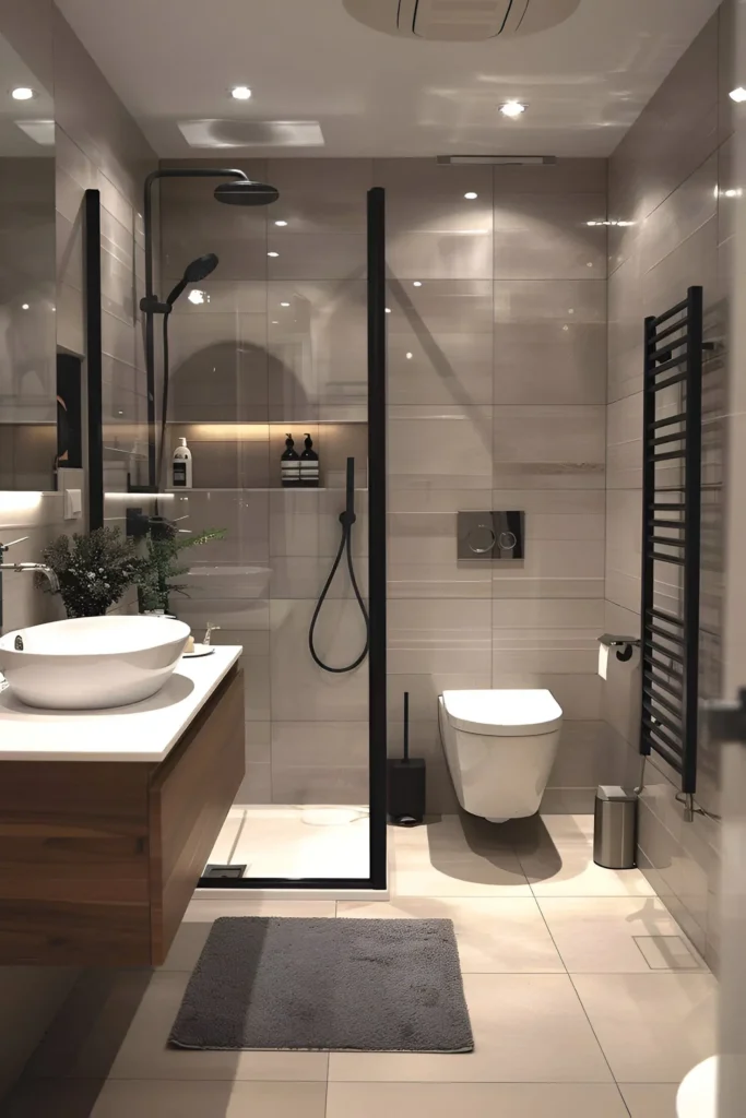 Modern small bathroom with wall-mounted toilet, floating vanity, black framed shower, and wall-mounted towel warmer.