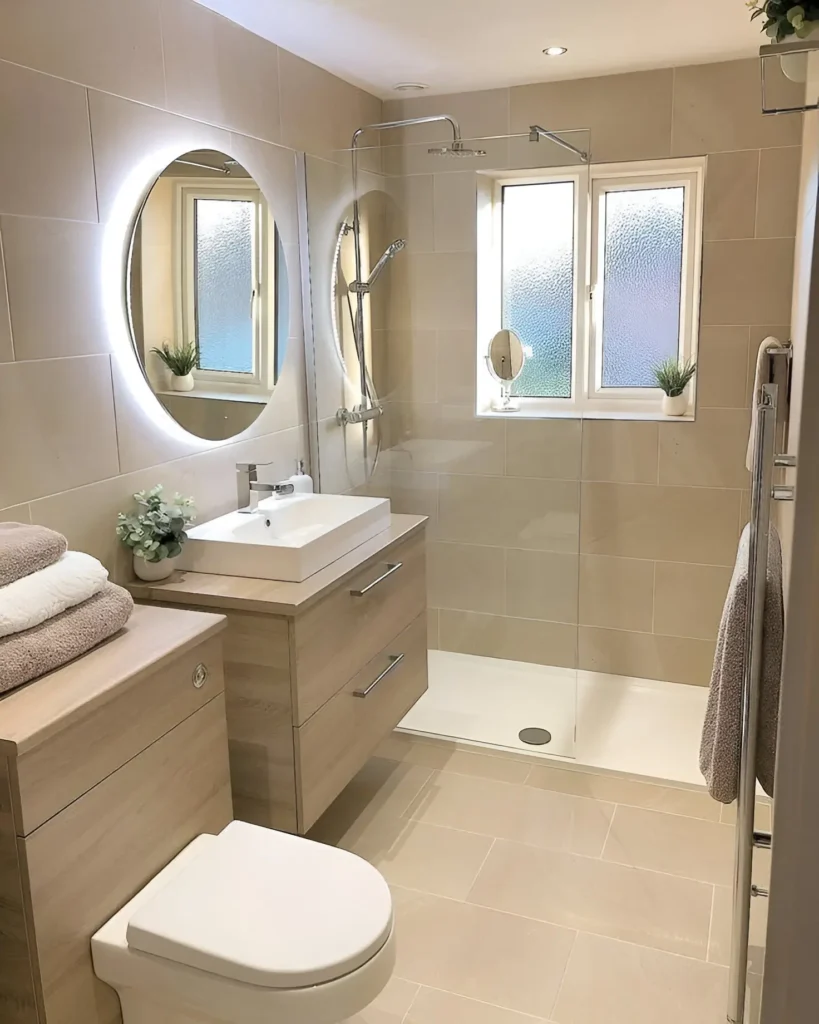 Modern small bathroom with backlit round mirror, light wooden vanity, and neutral-colored tiles.