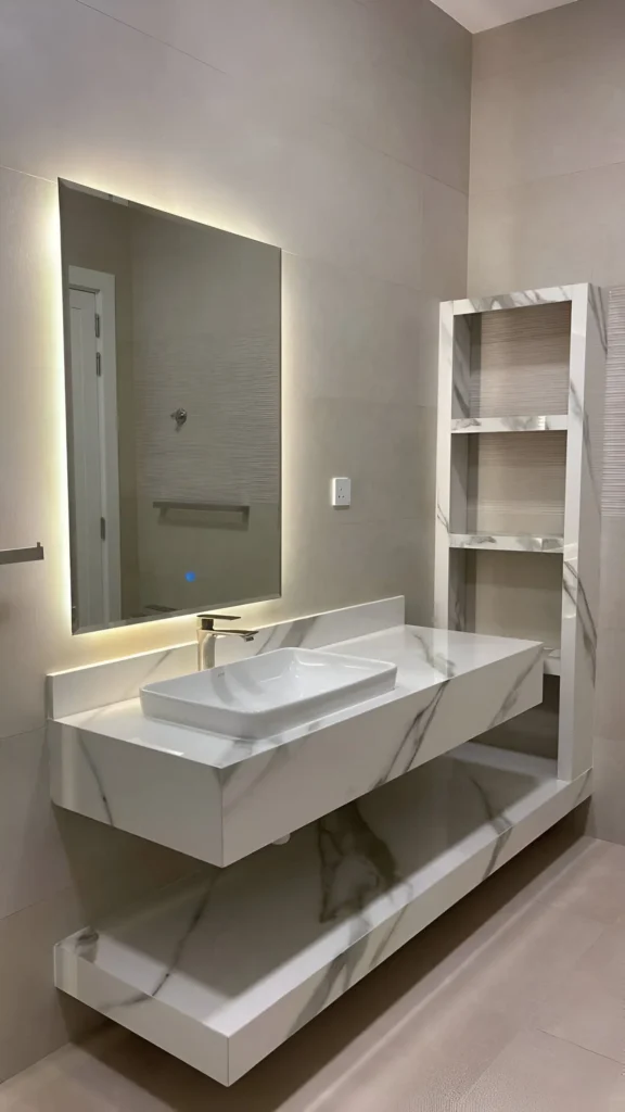 Modern small bathroom with floating white vanity with integrated shelving, and a backlit mirror.