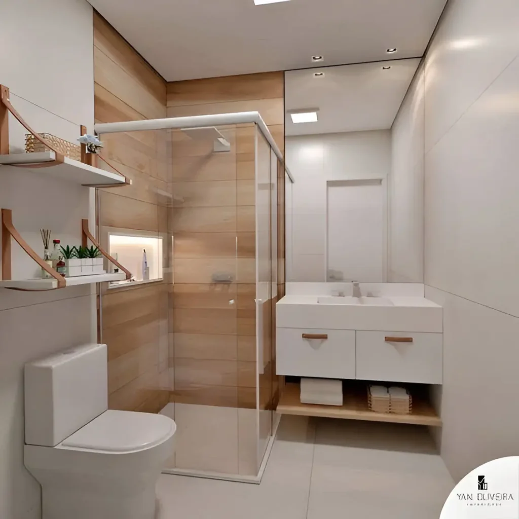 Modern small bathroom with white wall-mounted vanity, floating wooden shelves, and wood-look tile in the shower.