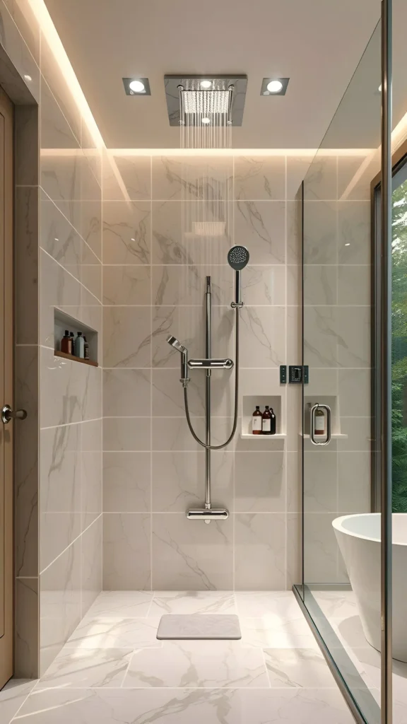 Modern small bathroom with rainfall showerhead, built-in shower niches, and light-colored marble-look tiles.