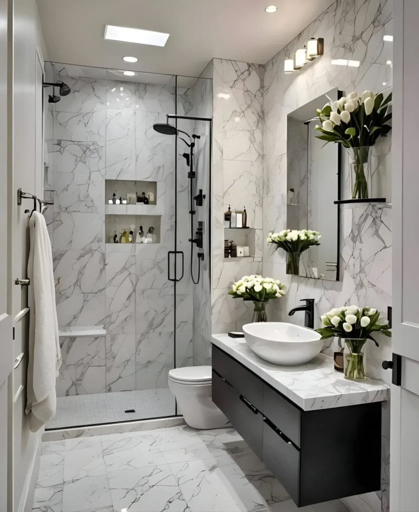 Modern small bathroom with skylight, marble-look tiles, walk-in shower, and dark floating vanity.