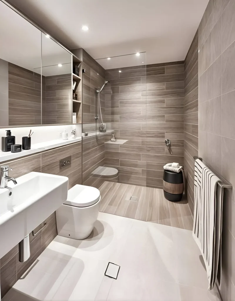 Modern small bathroom with matching floor and shower wall tiles, a wall-mounted toilet, and a large mirror.