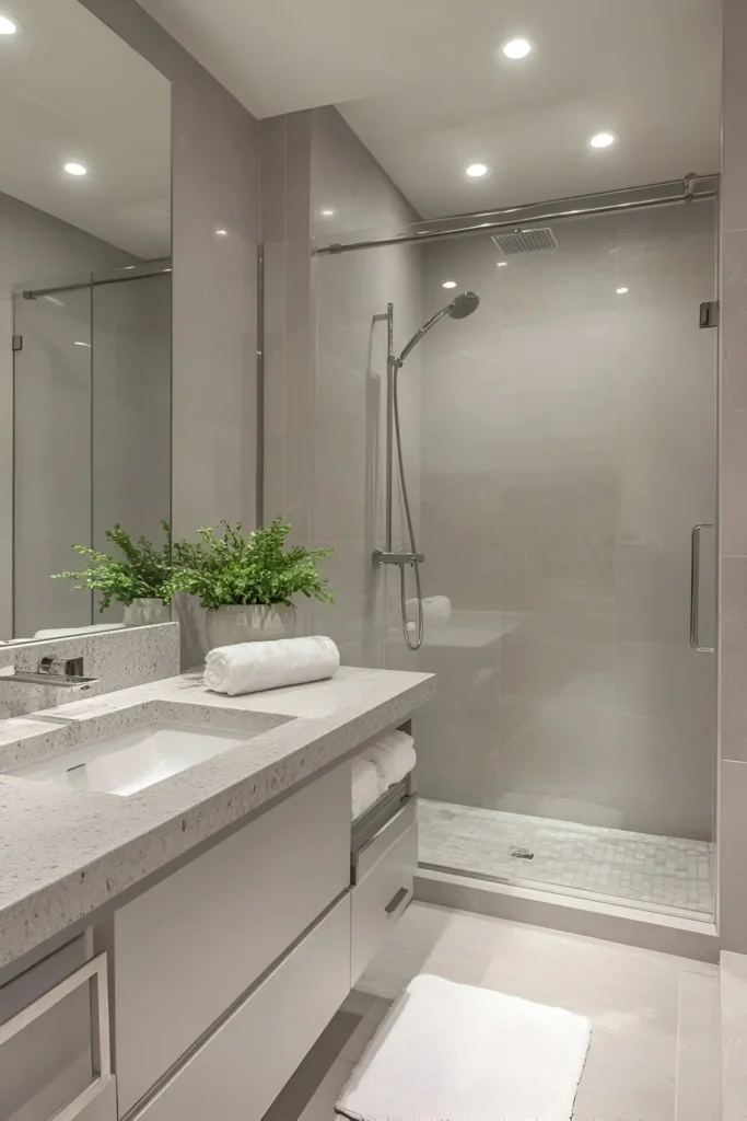 Modern small bathroom with neutral color palette, floating white vanity, walk-in shower, and recessed lighting.