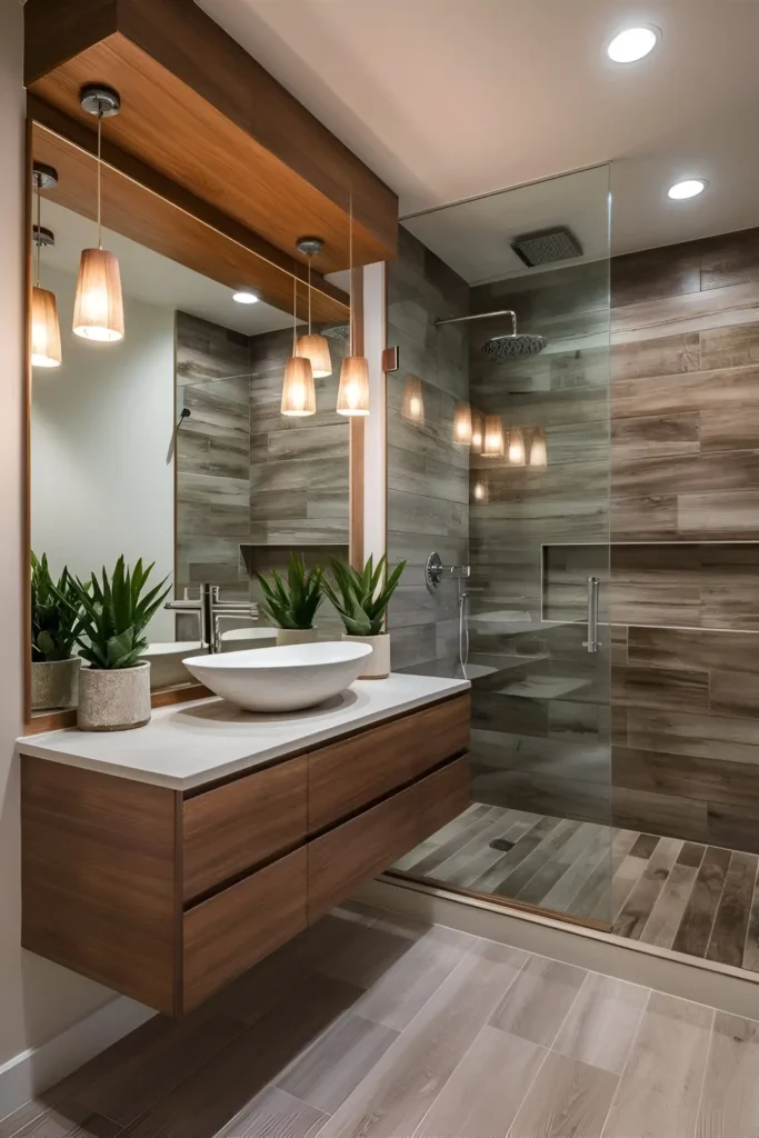 Modern small bathroom with pendant lights, wooden floating vanity, large mirror, and wood-look shower tiles.