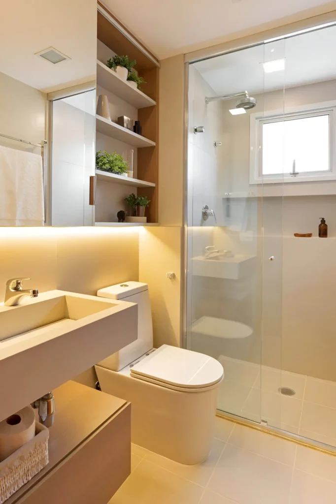 Modern small bathroom with layered lighting (recessed and under-cabinet), wall-mounted shelves, and a sliding glass shower door.