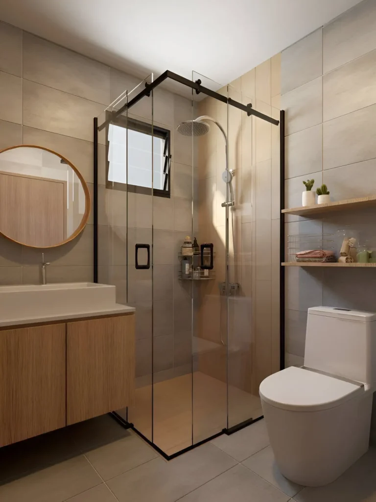 Modern small bathroom with corner vanity, round mirror, corner shower with black frame, and floating shelves.