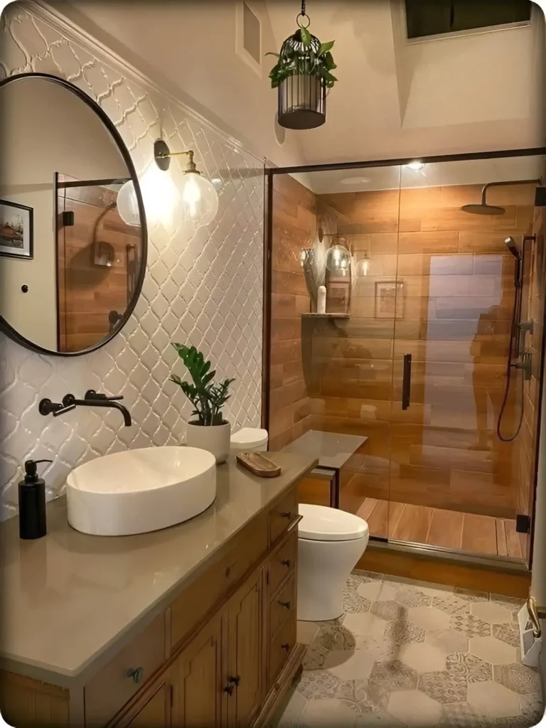 Modern small bathroom with patterned floor tiles, textured white wall tiles, wood-look shower tiles, and a round mirror.