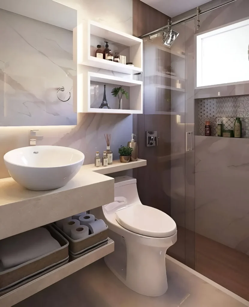 Modern small bathroom with open shelving above the toilet, a vessel sink, and a light-colored countertop.