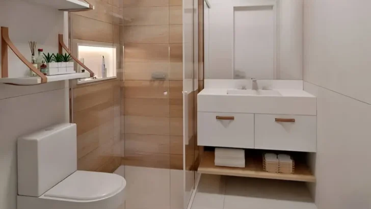 Modern small bathroom with white wall-mounted vanity, floating wooden shelves, and wood-look tile in the shower. Modern Small Bathroom Ideas