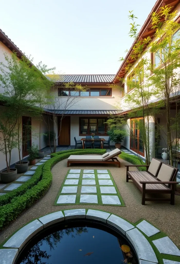 Modern Zen courtyard with a balance of open gravel space, defined pathways, low hedges, and strategically placed trees.