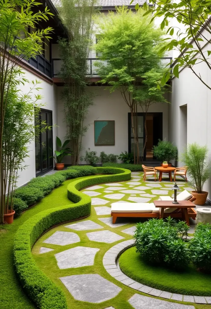 Modern Zen courtyard featuring curved pathways of irregular stone, bordered by sculpted, flowing hedges.