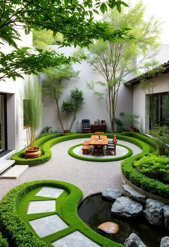 Modern Zen courtyard with a small, stone-lined pond reflecting the surrounding greenery and architecture.