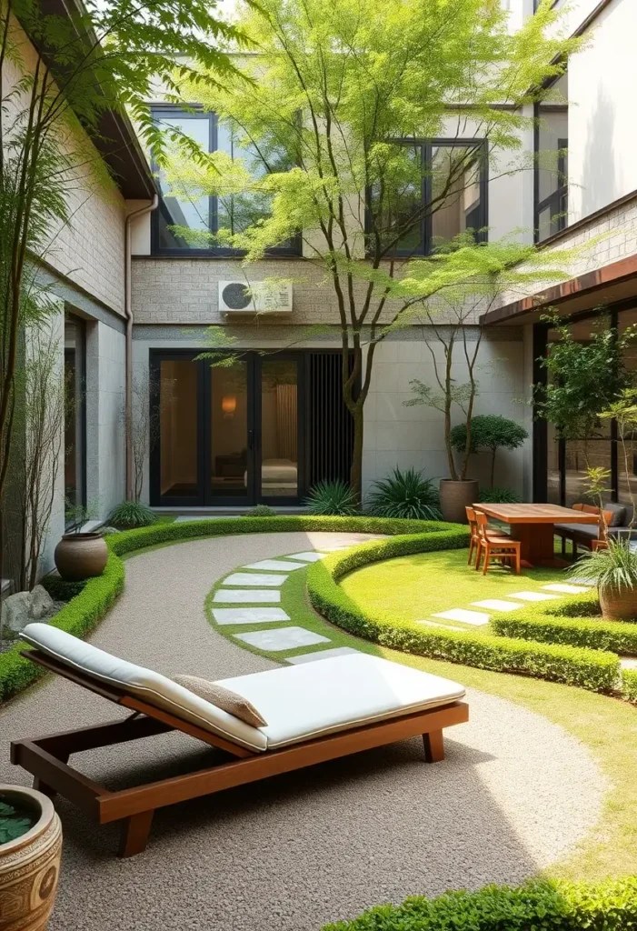 Modern Zen courtyard with a minimalist chaise lounge and a simple wooden table and chairs set on a gravel area.