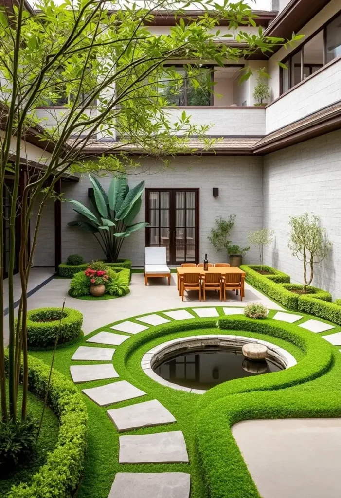 Zen courtyard showcasing a variety of textures: smooth stone pathways, lush ground cover, manicured hedges, and a still pond.