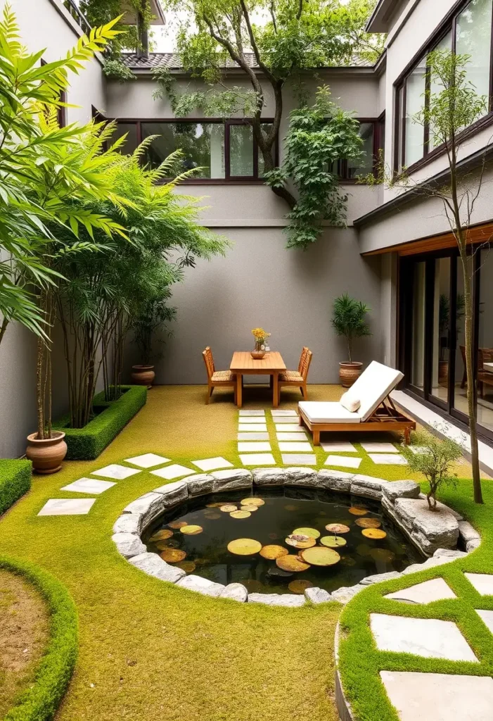 Zen courtyard view framed by tall, slender trees, with a pond and seating area in the foreground.