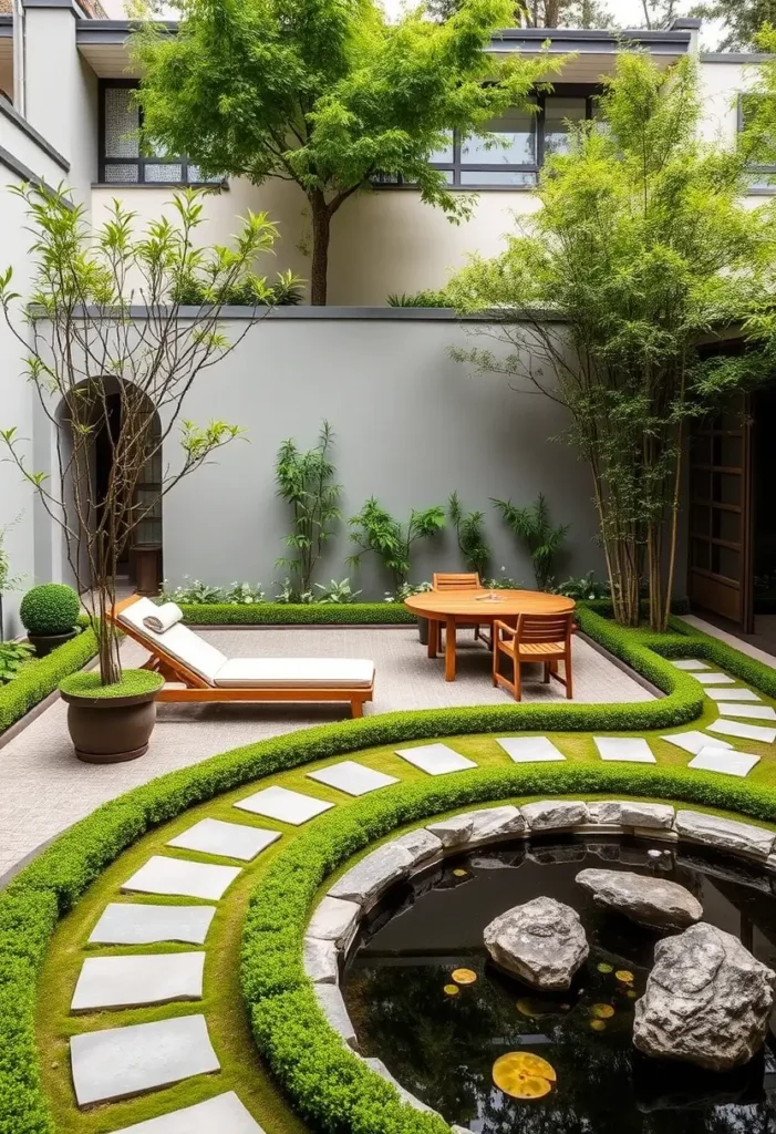 Modern Zen courtyard with distinct zones: a seating area, a water feature with a surrounding path, and a lounge area.