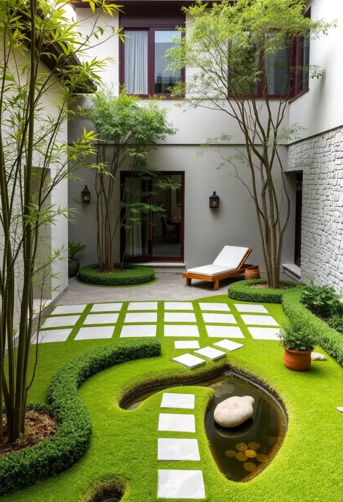 Zen courtyard with an asymmetrical layout, featuring a curving path, offset pond, and varied plantings.