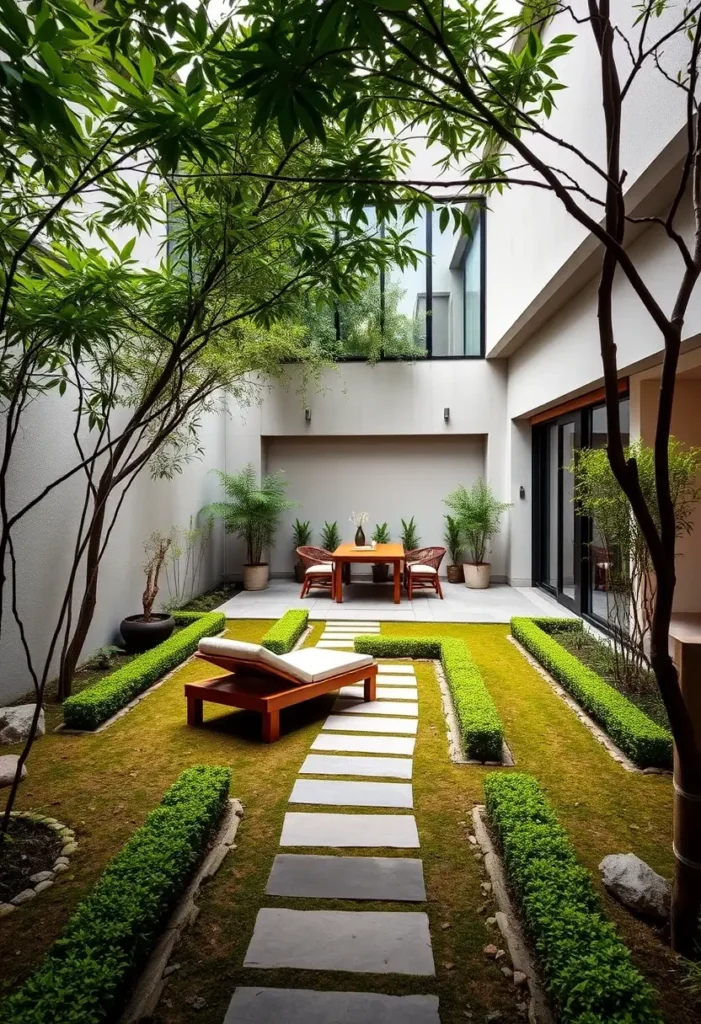 Zen courtyard with a predominantly green color palette, featuring various shades of green in the plantings and ground cover.