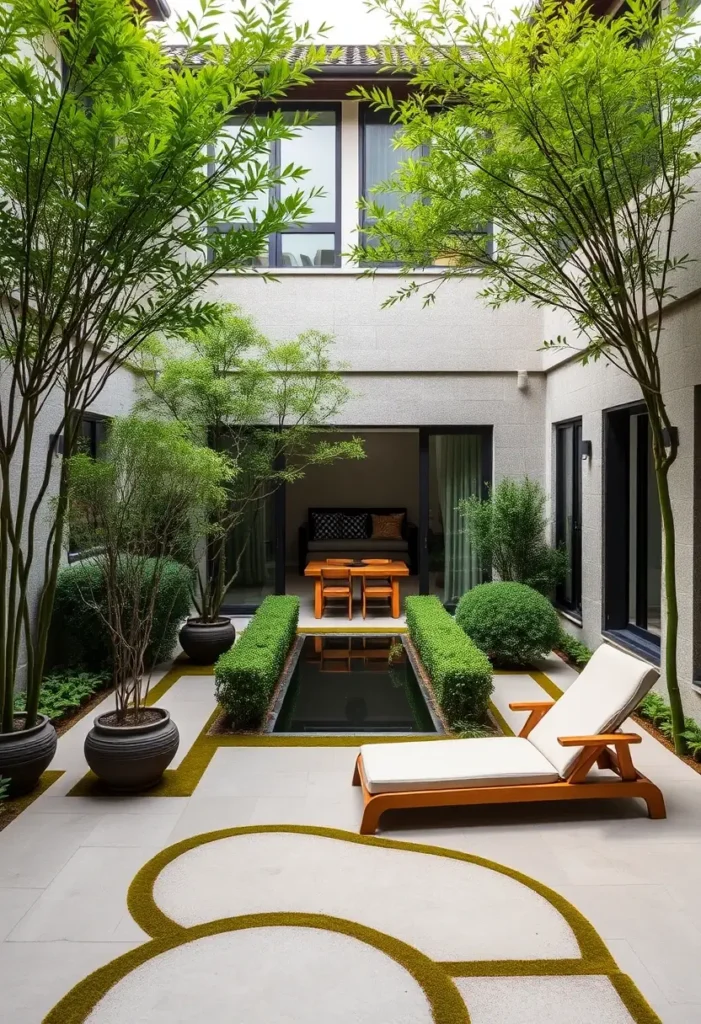 Modern Zen courtyard showcasing the use of natural materials, including weathered stone paving, wooden furniture, and a stone-lined pond.