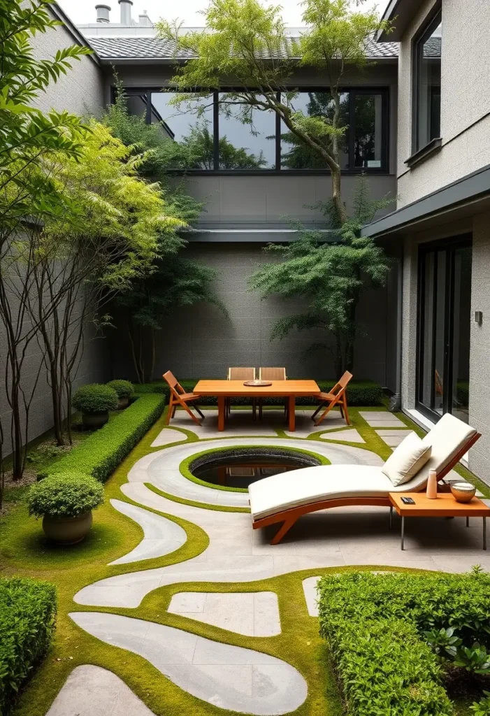 Modern Zen courtyard with a design that echoes the minimalist aesthetic of the adjacent interior, visible through large windows.