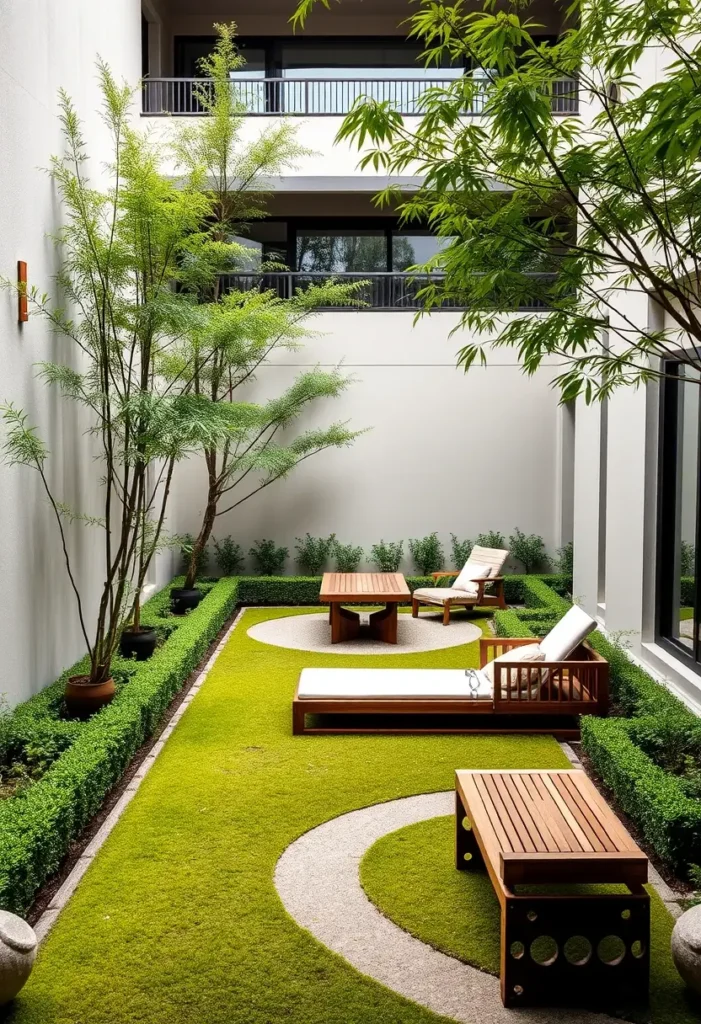 Zen courtyard designed with consideration for sightlines from the interior, with strategically placed furniture and plantings.