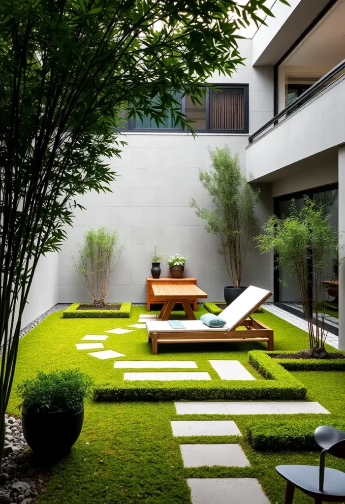 Small Zen courtyard utilizing subtle level changes with stepping stones and slightly raised planting areas to maximize the sense of space.