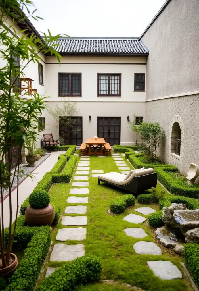 Zen courtyard featuring ground cover plants growing between paving stones, creating a soft and unified effect.