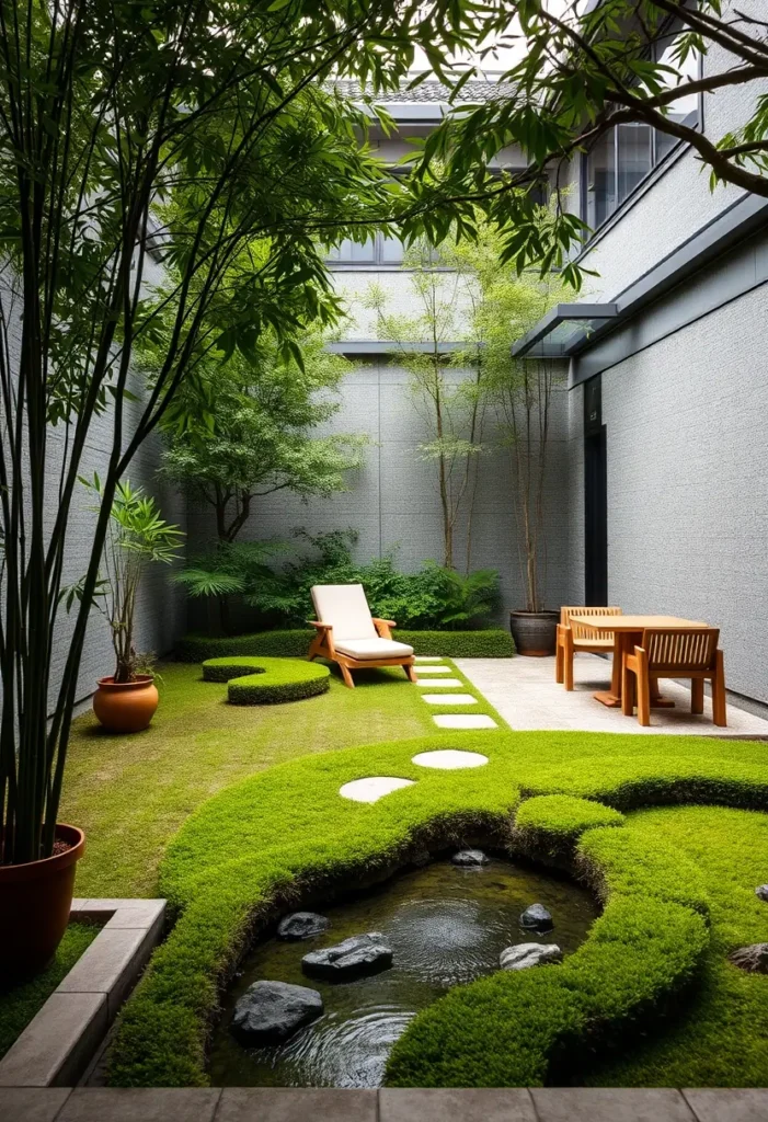 Zen garden featuring lush moss growing around a pond and stepping stones, creating a serene and naturalistic atmosphere.