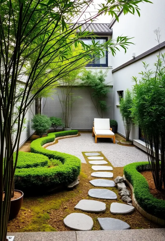 Zen garden featuring a dry landscape (karesansui) with raked gravel, stepping stones, and minimalist plantings.