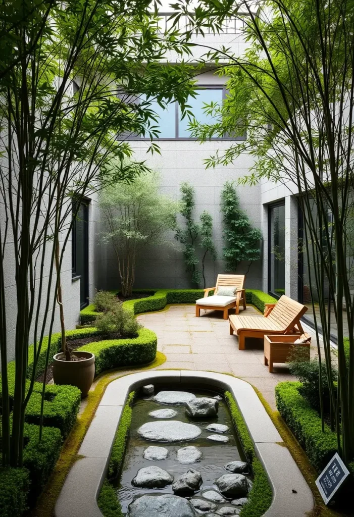 Modern Zen courtyard with strategically placed lighting, highlighting the water feature, pathways, and plantings at night.