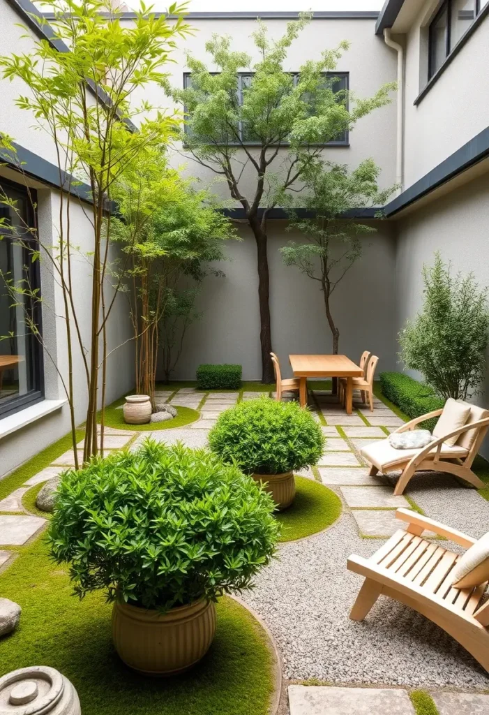 Zen-style outdoor garden featuring a variety of plants chosen for their form and texture, including bamboo and carefully pruned shrubs.