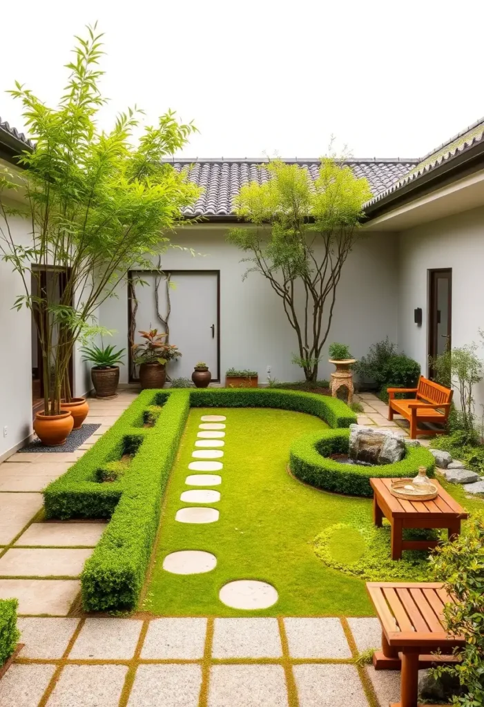 Well-maintained Zen courtyard with neatly raked gravel, pruned hedges, and clear pathways, showcasing the importance of regular upkeep.