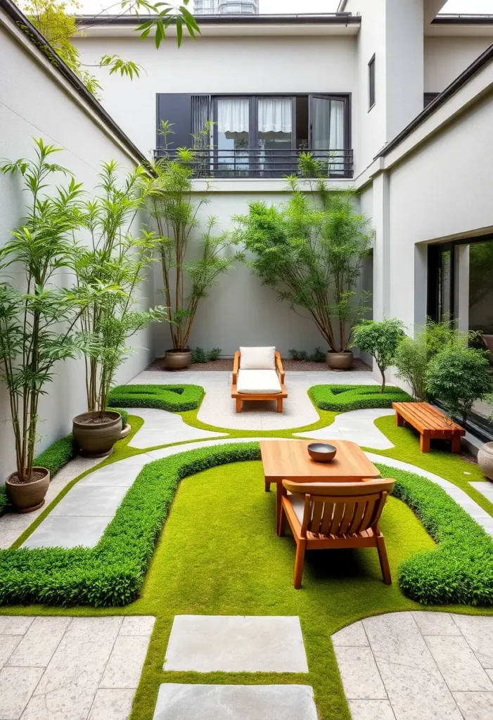 Beautiful and serene modern Zen courtyard, inviting relaxation and contemplation.