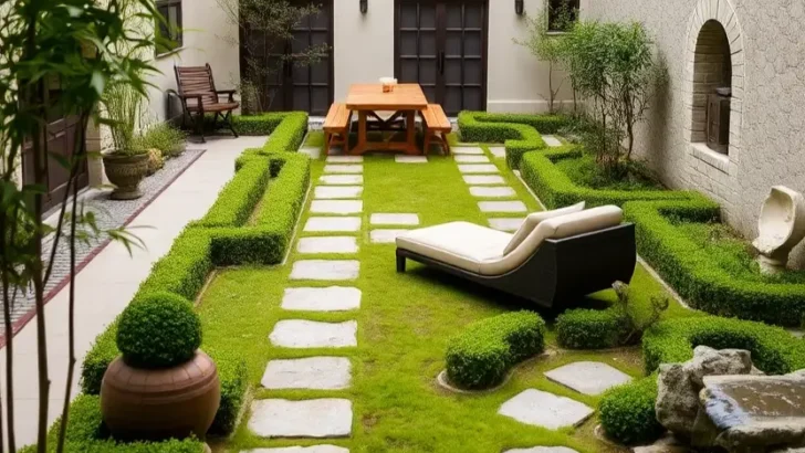 Zen courtyard featuring ground cover plants growing between paving stones, creating a soft and unified effect.