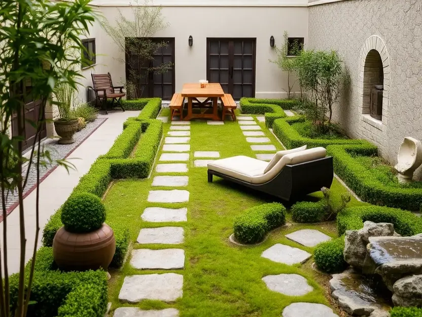 Zen courtyard featuring ground cover plants growing between paving stones, creating a soft and unified effect.