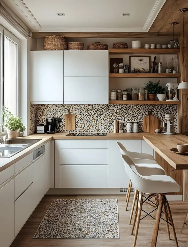 Organic modern kitchen featuring a light wood countertop, white cabinetry, and a backsplash made of small, multi-colored stones.