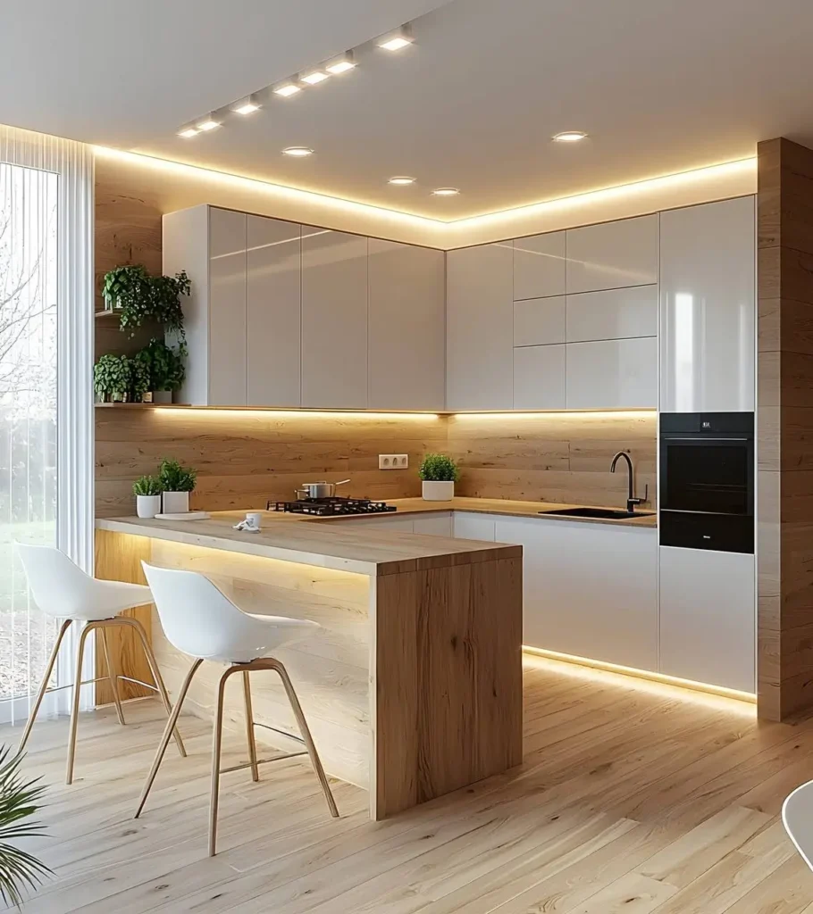 Modern organic kitchen with light wood flooring, white cabinetry, a light wood countertop on the island, and soft, warm-toned under-cabinet lighting.