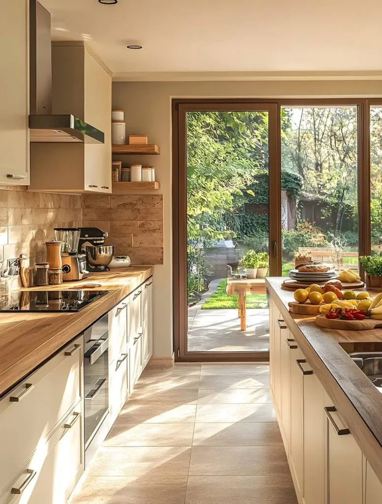 Bright organic modern kitchen with large sliding glass doors leading to a patio, flooding the space with natural light and showcasing the light wood countertops and neutral-toned tile floor.